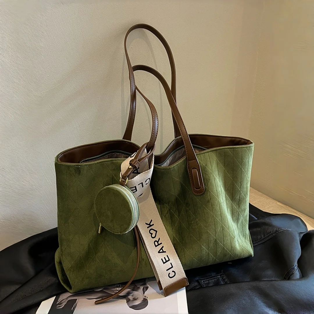 Women Large Capacity Totes New Retro Frosted Suede Leather Plaid Shoulder Bags Versatile Casual Travel Commuter Tote Bag