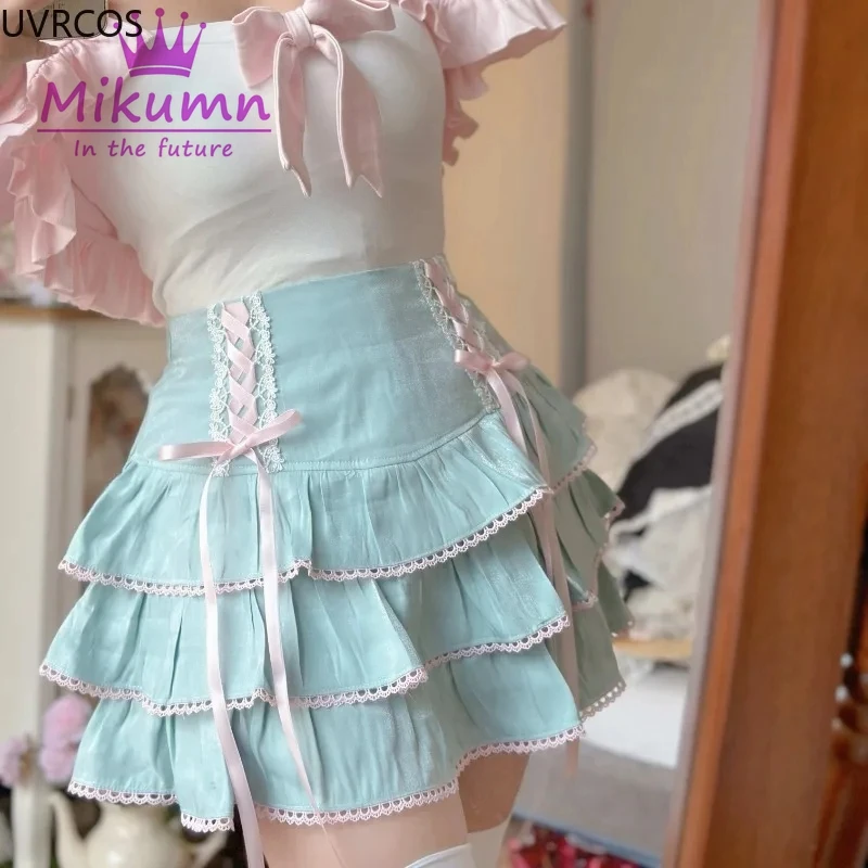 Mikumn Japanese Harajuku Girls Kawaii Lace Pleated Skirts Women High Waist Bow Lace-up Fairy Y2k Aesthetic Cute Cake Mini Skirts