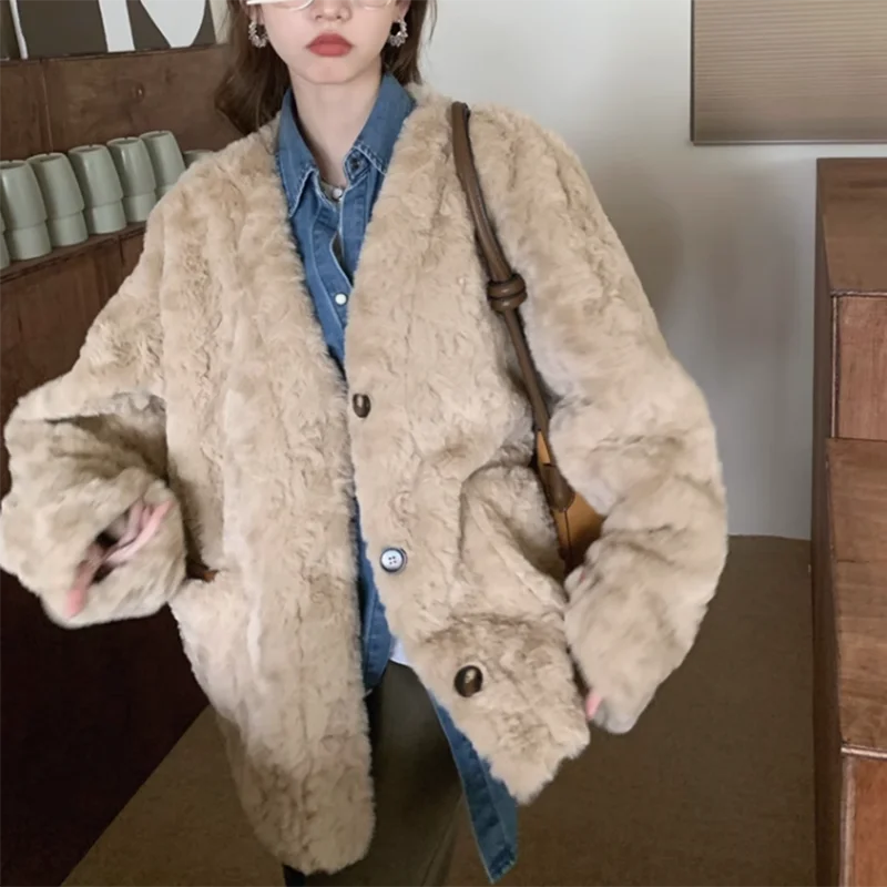 Rimocy 2024 New V Neck Faux Fur Coats Women Korean Fashion Loose Button Up Lambswool Jacket Women Winter Soft Warm Coat Female