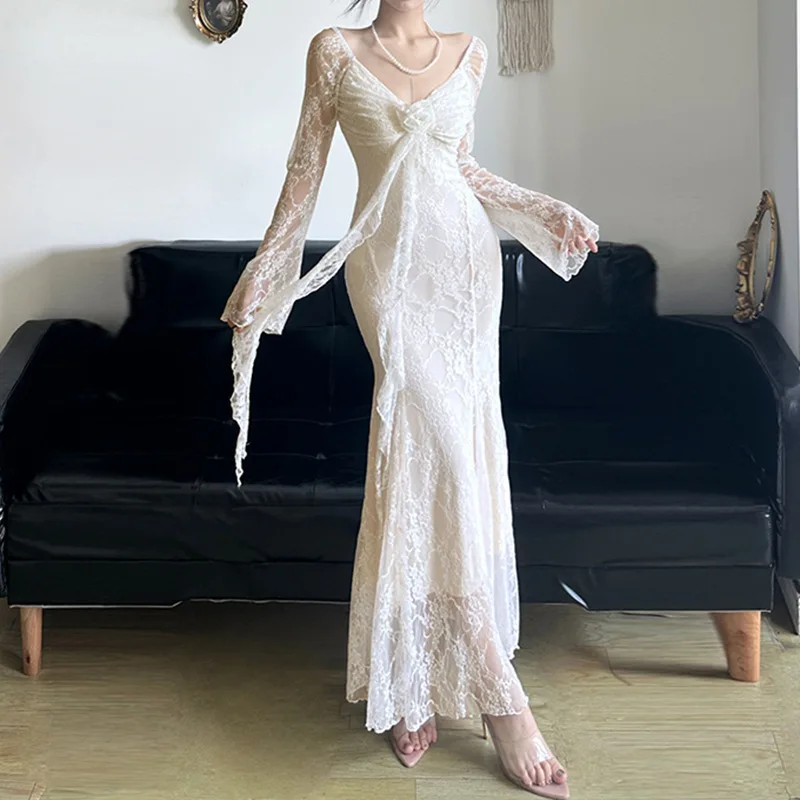 فستان نسائي لربيع وصيف منعش أخضر نعناعي شبكي فستان قصير دانتيل مرقع عالي الخصر حورية البحر فستان ماكسي للحفلات المسائية