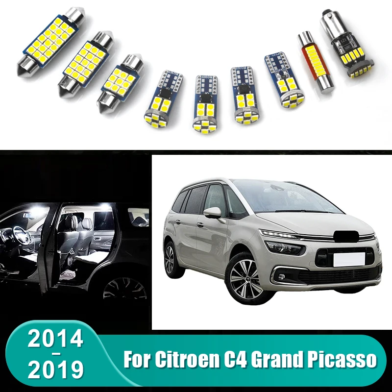 

For Citroen C4 Grand Picasso II Mk2 2014 - 2019 8pcs Car LED Bulbs Interior Dome Reading Lamp Footwell Trunk Light Accessories