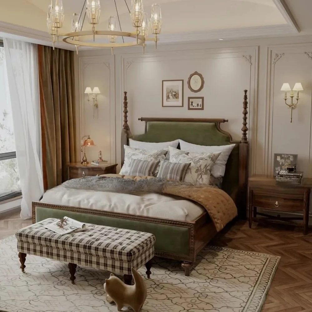 American retro solid wood 1.8 meters master bedroom double bed French high-end wedding princess Roman column fabric bed