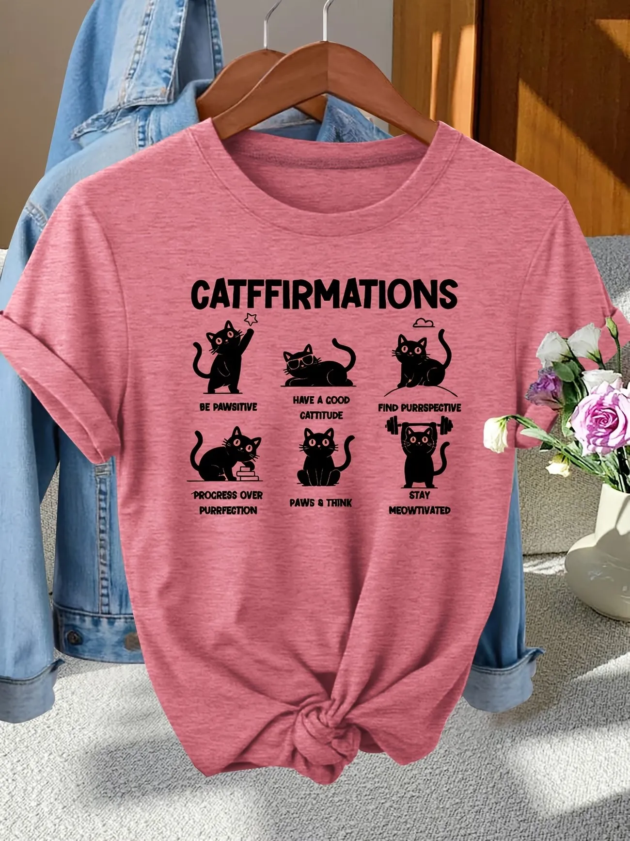Retro Cute Positive Cats Catffirmations T-Shirt Women Cat Lover T Shirt Funny Cat Graphic Tees Clothes Top Comfortable