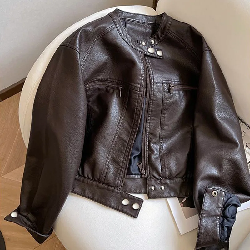 

Women's Leather Jacket Spring Autumn New Retro PU Short Loose Stand Collar with Buttons Jacket Zip Pockets Coat Casual Women Top