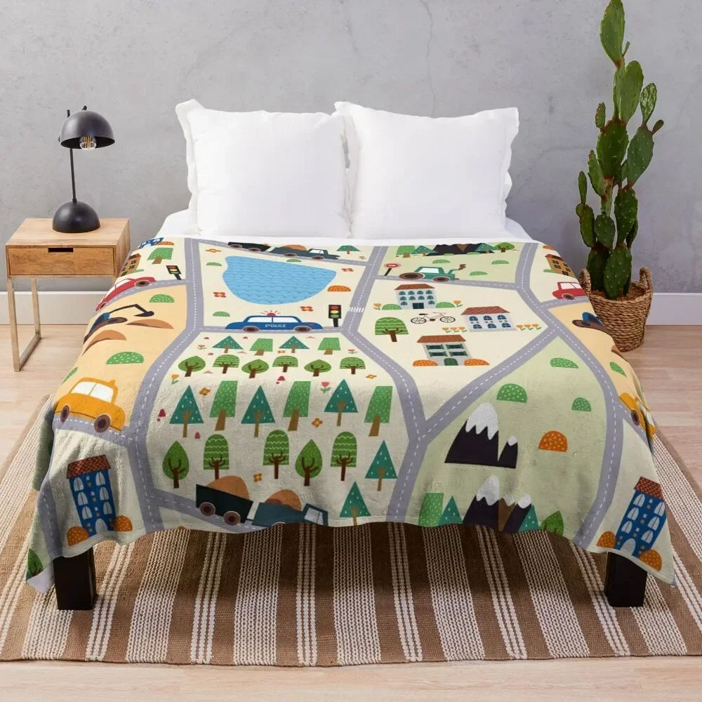 kids seamless, all over road print with cars, trees, trains, lakes Throw Blanket Furry Soft Beds Blankets