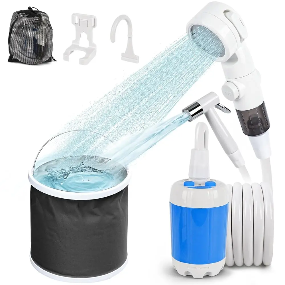

Free Shipping-Portable Camping Shower, Outdoor Shower Kit, Hose, Spray Gun & Folding Bucket, Rechargeable Battery Powered Portab