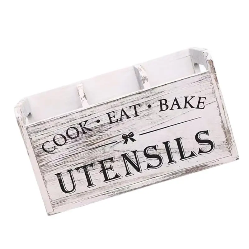 

E8BD Wooden Countertop Utensil Holder with 3 Section Forks Spoons Multi Compartment Storage Box For Cooking Tool