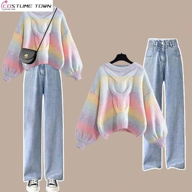 2023 Autumn/Winter Set Female Student Korean Loose Knitted Gradient Rainbow Sweater+High Waist Jeans Two Piece Set