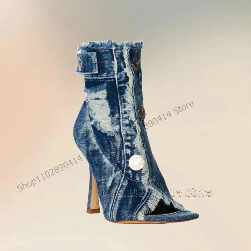 Blue Denim Ruffles Metal Button Sandals Boots Ankle Buckle Strap Women Shoes Thin High Heels Open Toe 2024 Zapatos Para Mujere