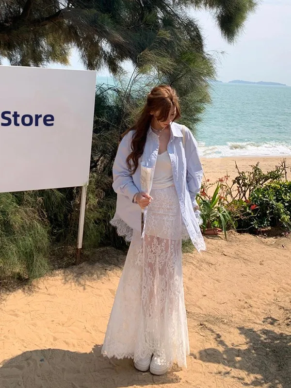 

Элегантная кружевная юбка с вырезами, женская, весна-лето, длинная, с завышенной талией, утягивающая, скрывающая бедра, фасон «рыбий хвост»