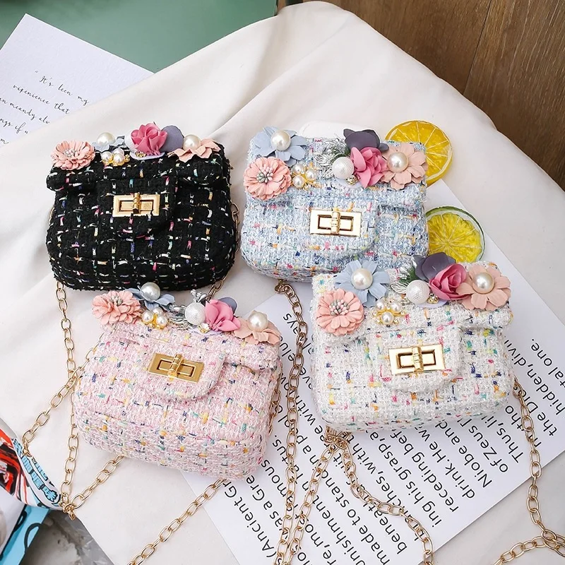 Cute Kids Floral Tweed Shoulder Crossbody Bags with Pearl & Flower Decor Chic Clutch Bag Mini Chain Purse for Little Girls Party