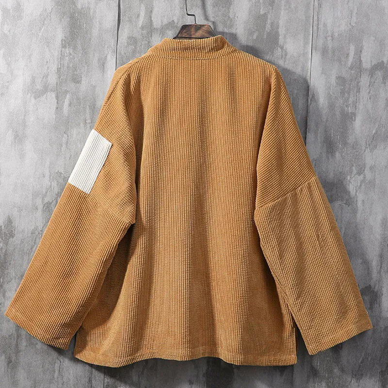 Drop Shoulder Men Corduroy Kimono Jacket Big Pockets 2023 Spring Color-blocking Patched Japan Style Mens Haori Thin Coat Loose