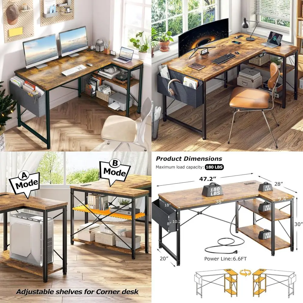 

Brown Corner L-Shaped Computer Desk with Power Outlets and Storage Shelves for Home Office and Study