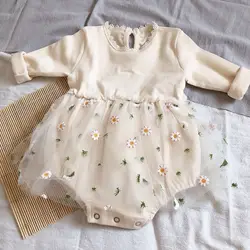 Neugeborenen Neue Baby Mädchen Romper Floral Spitze Stickerei Strampler Kleid Outfit Langarm Süße Dreieck-Boden Overall