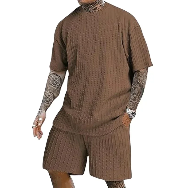 

Men's Two Piece Suits Fashion Solid Stripe Short-sleeve T-shirts Shorts Men Spring Summer Clothing Casual Gym Sets Streetwear