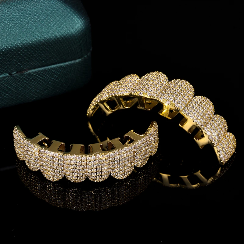 D&Z Bling Cubic Zircon Teeth Grillz Set For Unisex Top Bottom Mouth Removable Dental Gold Silver Color Fashion Jewelry