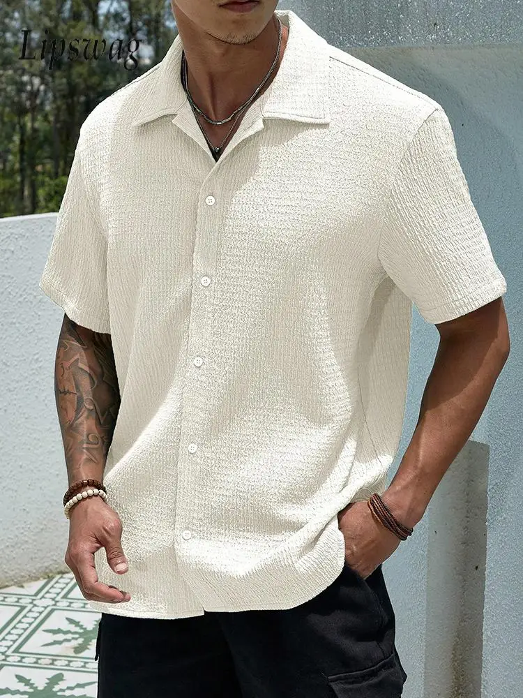 Daily Casual Solid Color Mens Shirts Summer Vintage Lapel Buttoned Short Sleeve Shirt For Men Fashion Textured Breathable Shirt