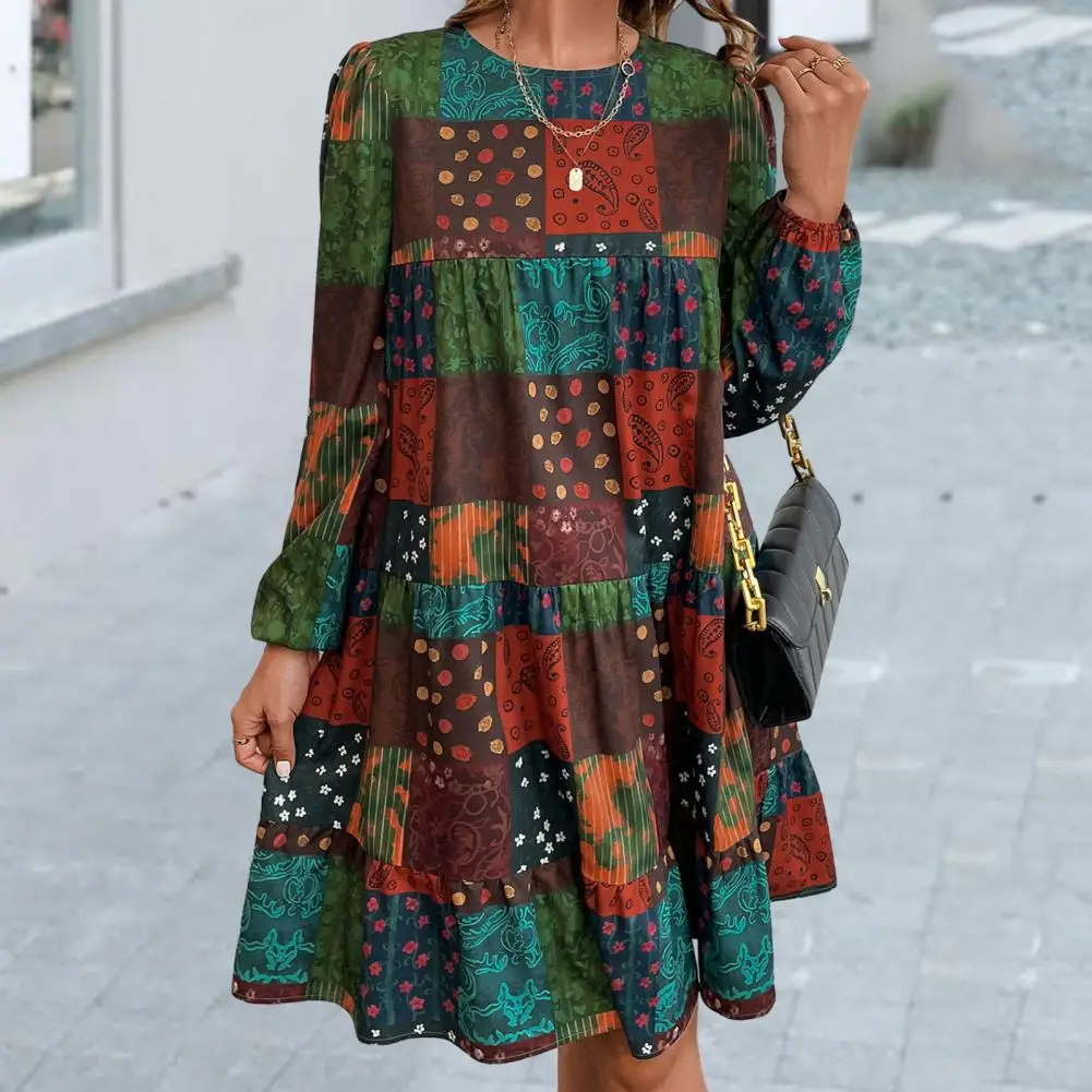 Soft Long Sleeve Dress Long Sleeve Dress Colorful Print Long Sleeve Boho Dress A-line Ruffle Swing Style for Women's Fall/spring