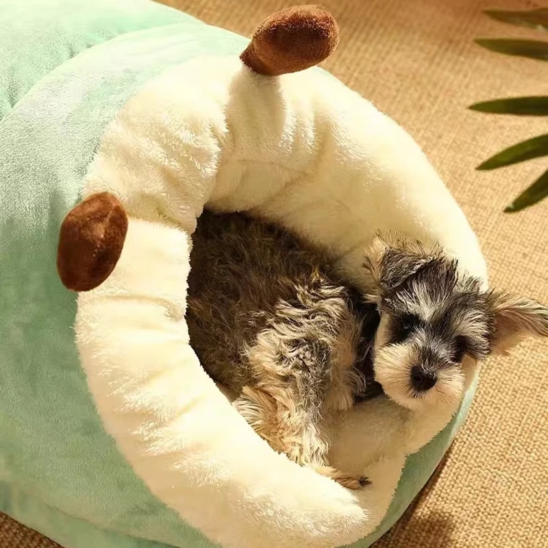 Plush Pet Bedautumn And Winter Soft Plush Round Cushion House 2 In 1 Semi-enclosed Shell Shape Cat Nest Kennel Small Dog Bed