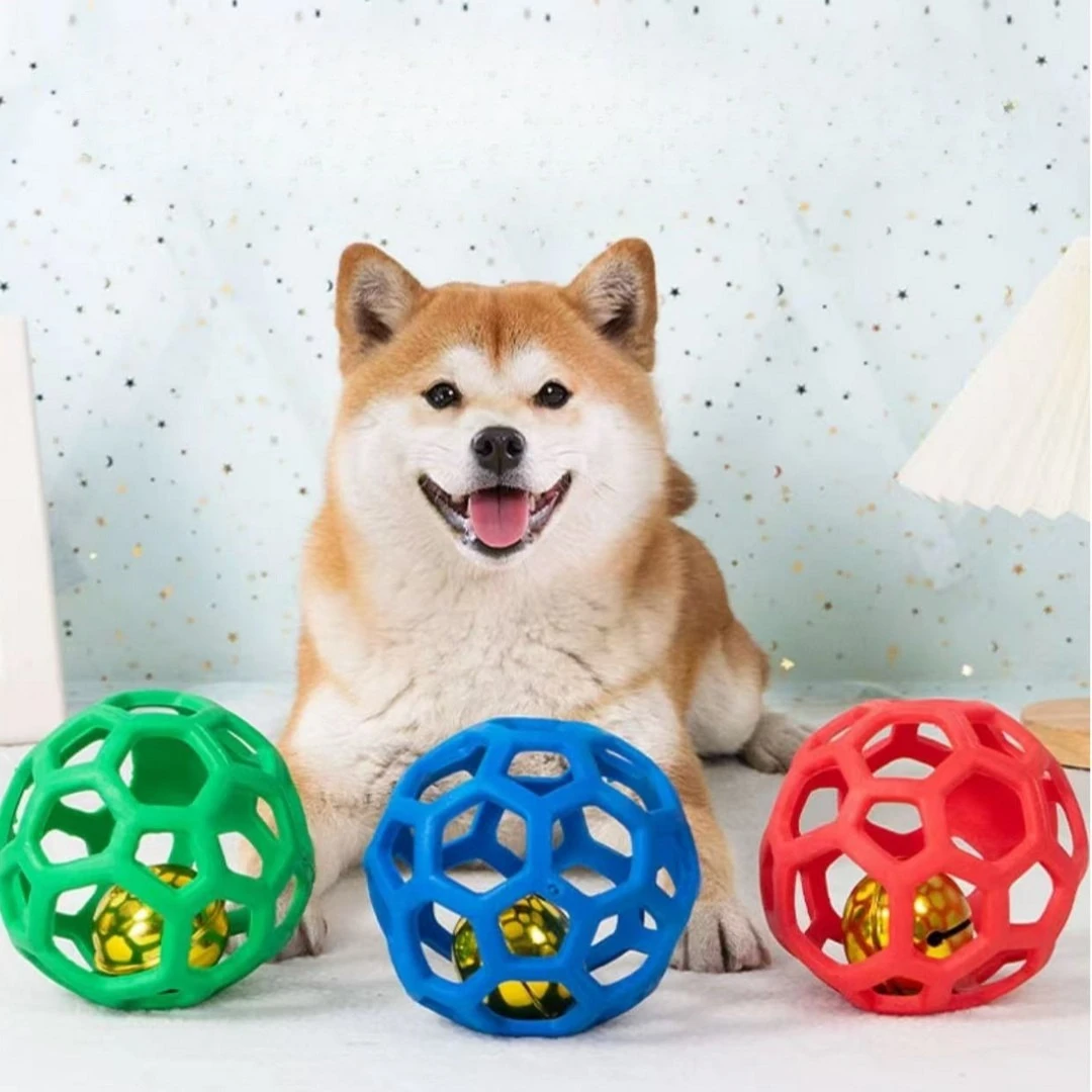 Pet Dog Hollow Ball Toy with Bell Natural Rubber Chew Toy Dog Interactive Balls Puppy Training Teeth Cleaning Hollow Toys Ball