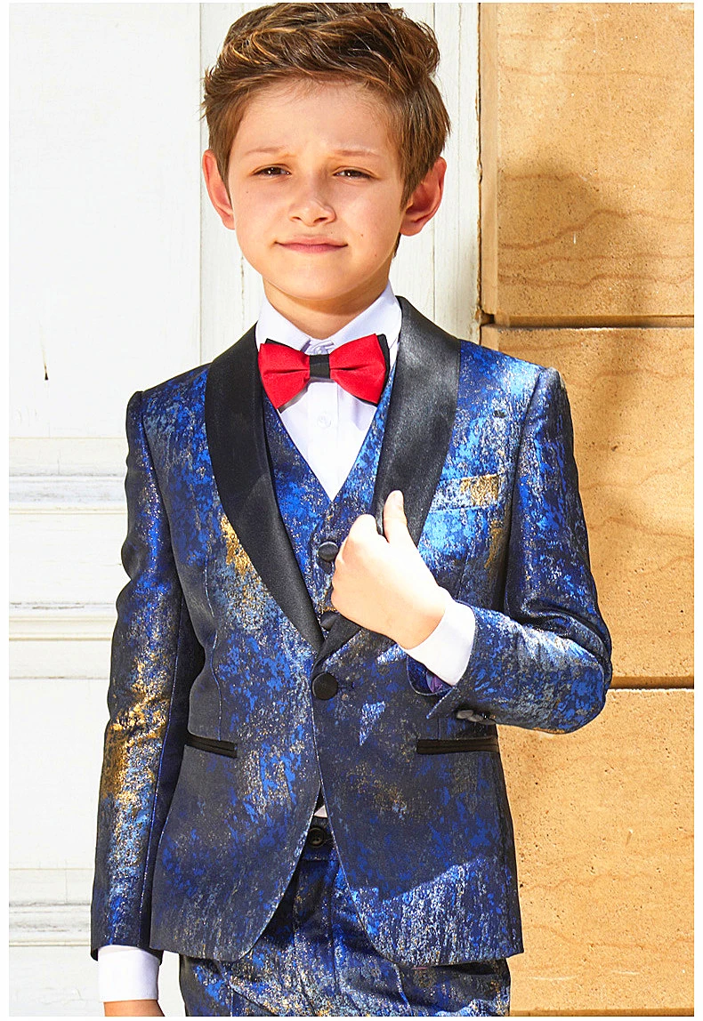 Blue Boys Costume Suit 3 Pieces Wedding Party Kids Dresses Formal Flower Boys Suit Children Tuxedo Clothes Blazer Sets