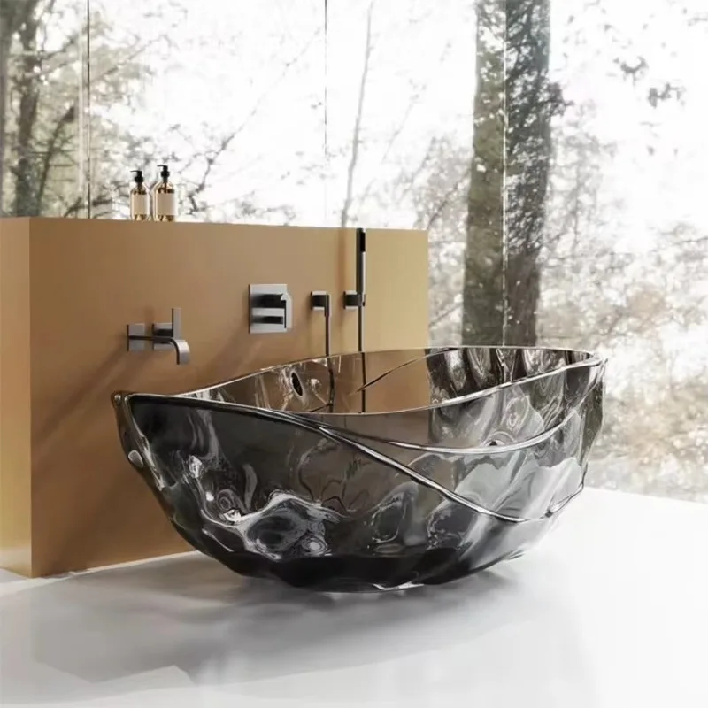 Crystal Clear Solid Surface Bathtub With Drain Valve Streamlined Appearance Oval Shaped Resin Bathtub