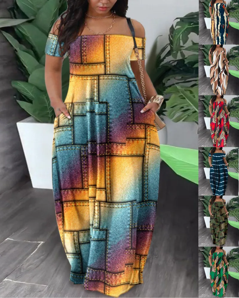 2023 letnie seksowne afrykańskie kobiety moda z krótkim rękawem druk poliestrowy długa sukienka Maxi sukienki dla kobiet sukienki afrykańskie