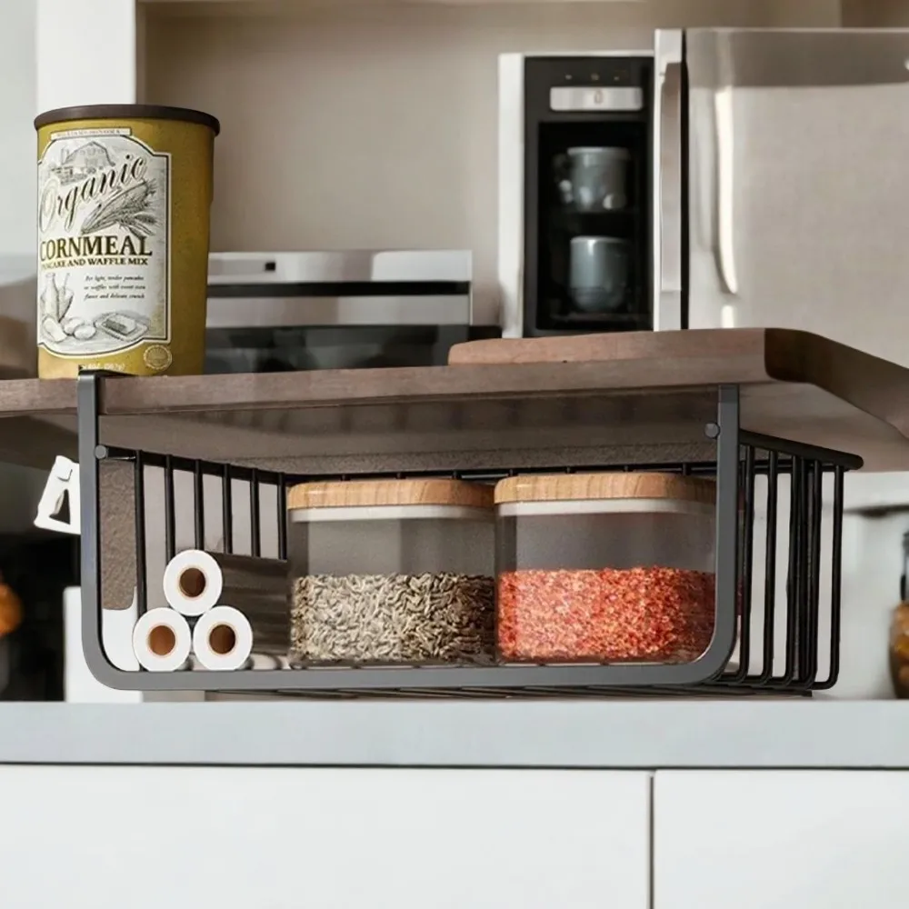 Large Capacity Hanging Basket Shelf Organizer for Kitchen Dishes - Under The Cabinet Hanging Shelves Rack