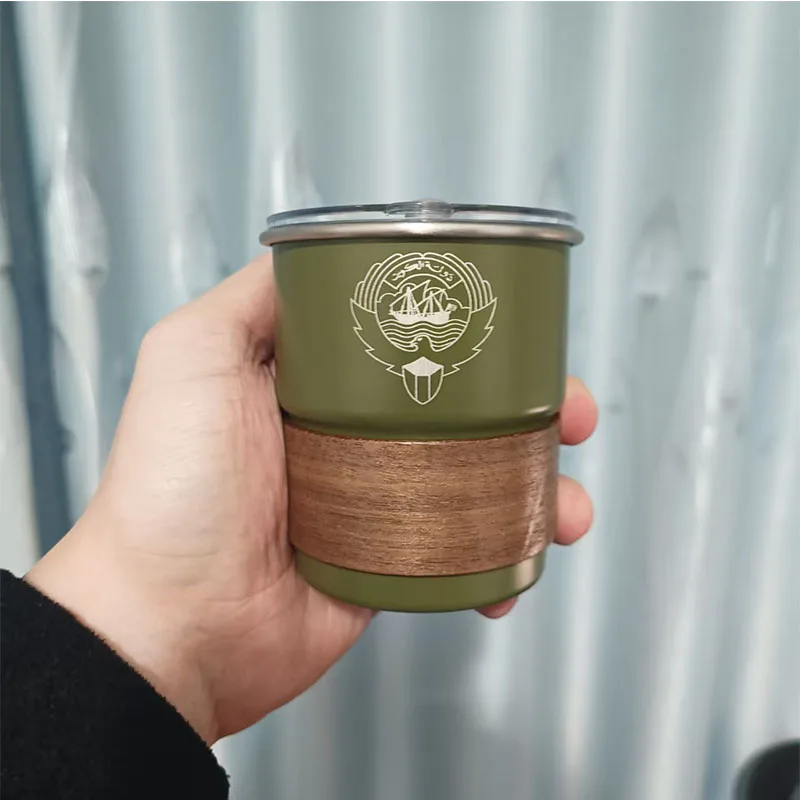 

Kuwait State Logo Stainless Steel Wooden Cap Cup 300ml Outdoor Camping Coffee Cup Wholesale Gift Cups