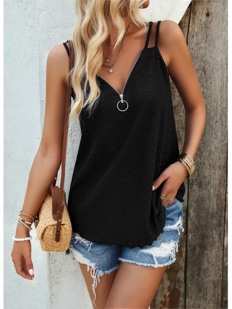 Women's Elegant Spaghetti Strap Solid Tops T-shirt V-Neck Sleeveless Cutout Jacquard Top Boho Womens Clothing Summer New T Shirt