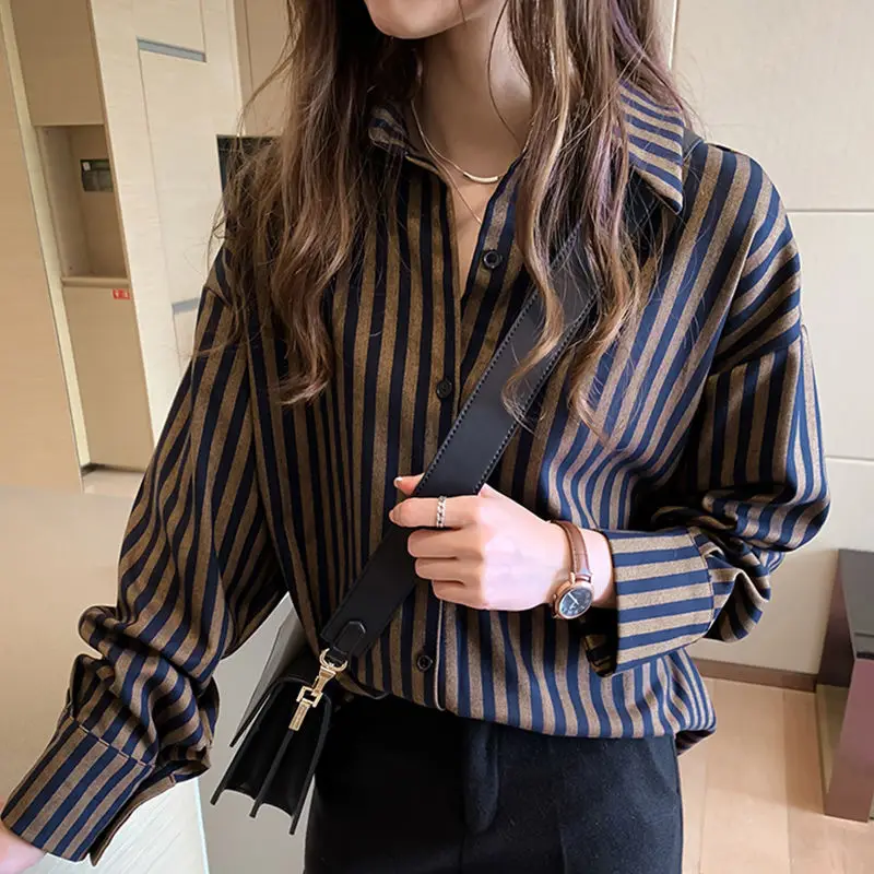 Striped Vintage Turn-down Collar Shirt for Female Fashion Spring Autumn Casual All-match Long Sleeve Single-breasted Blouse