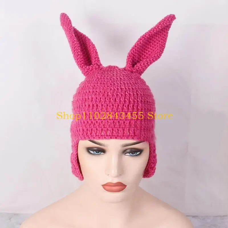 49MC Rabbit Ear Knitted Hat for Female Winter Beanie Cap Y2K New Year Party Headgear Earflap Hat Female Photoshooting Props