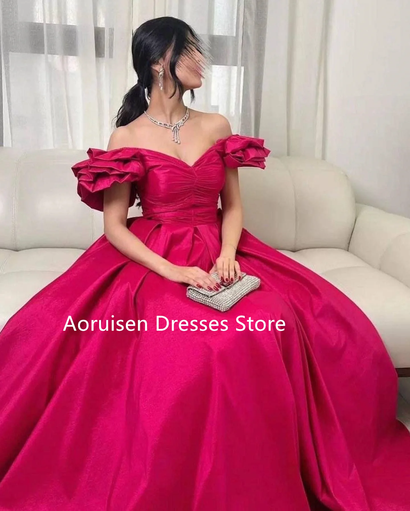 

Puffy Sleeves Satin Off Shoulder Saudi Arabic Evening Dresses Draped Satin A Line Wedding Prom Dress Floor Length Dubai Event