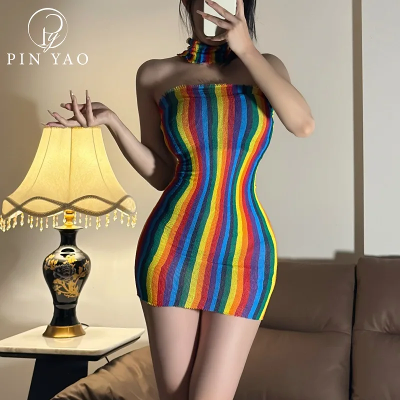 

Rainbow Striped Knitted Bodycon Dress Summer Slim Fit Sexy Lingerie Neck Warmer