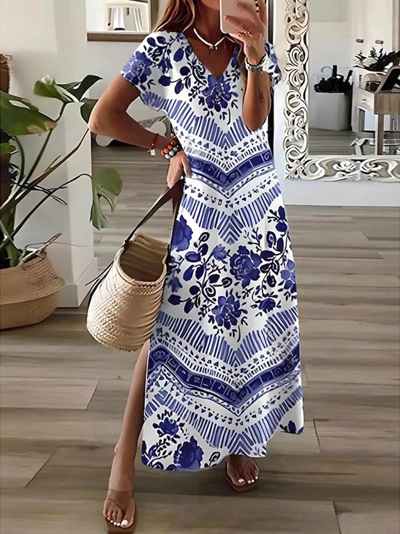 Damen-Maxikleid, lässig, kurzärmelig, T-Shirt-Kleid, V-Ausschnitt, Sommerkleid mit Seitenschlitz, A-Linie, grafisches Pulloverkleid für den Trend