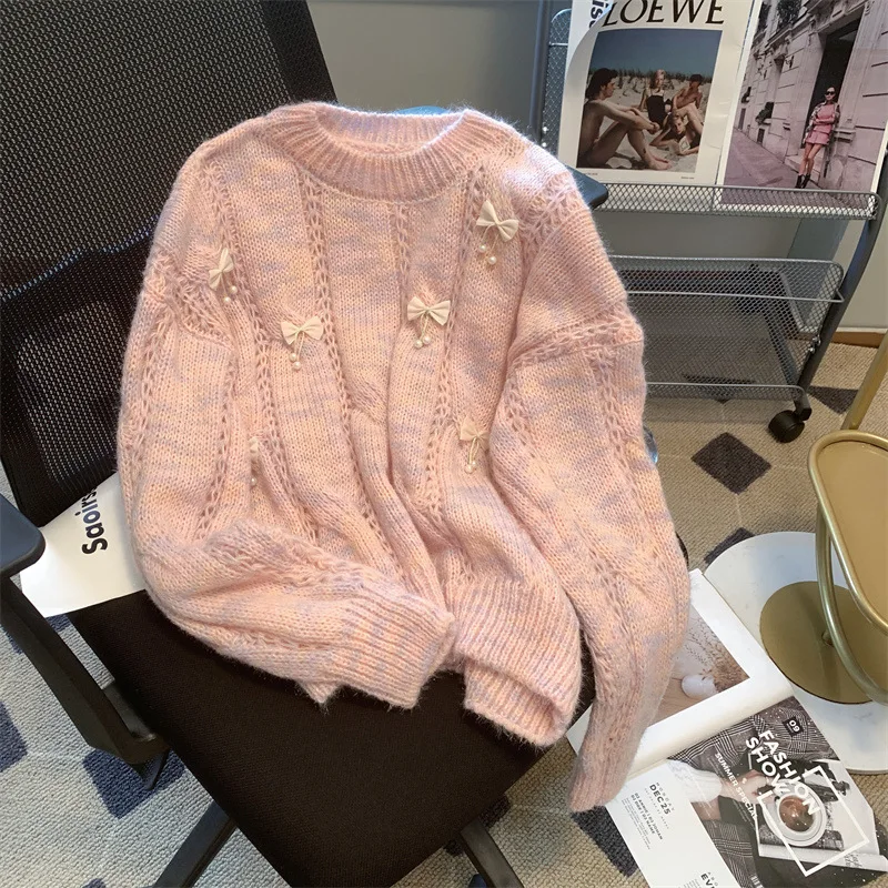 

Korea Style Sweet Bow Decor Soft Sweater Women Spring Autumn New Gentle Round Neck Long Sleeve Pullovers 2026 Fashion Warm Tops
