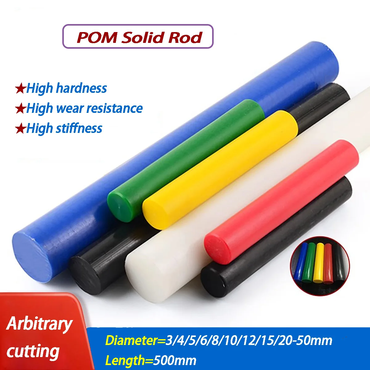 

Color POM Rod Solid Dia 3-50mm Plastic Bar Polyoxymethylene Rod Round Stick Machining Material Length=500mm