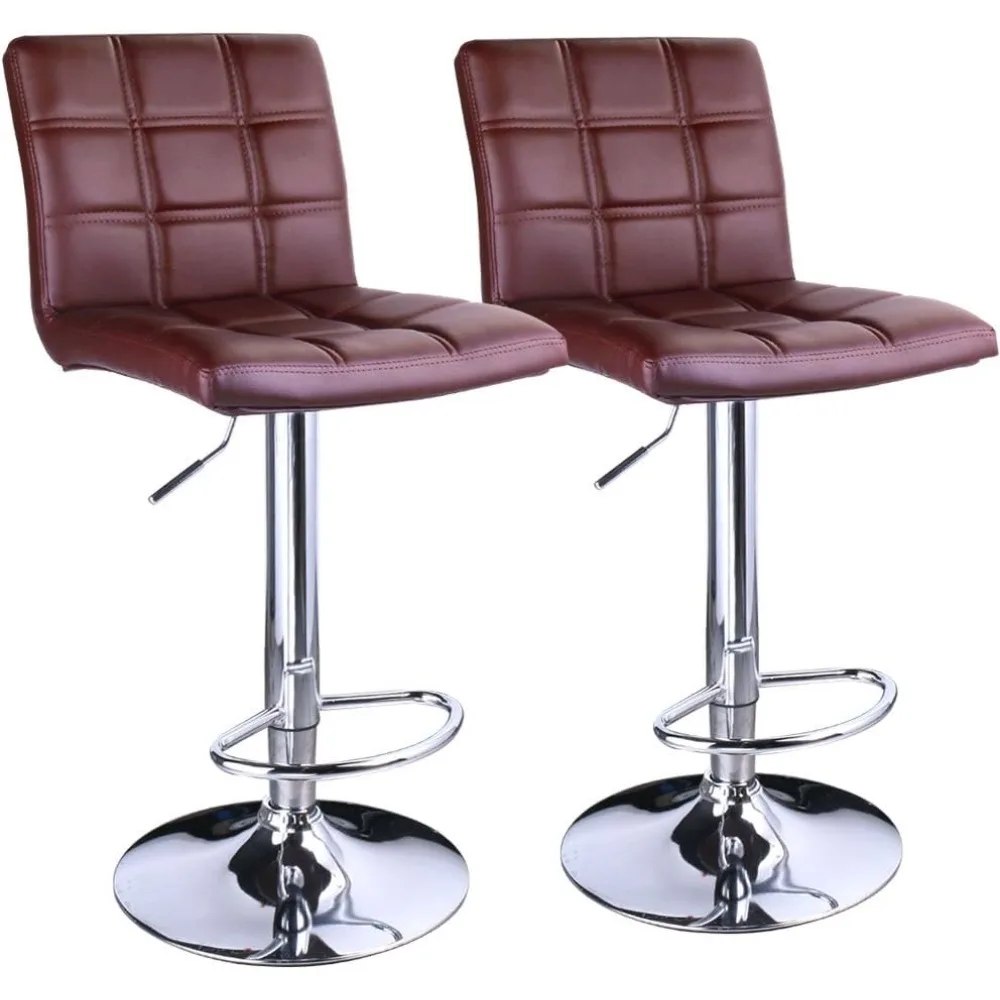 Adjustable Leather Bar Stools Square Back, Leather Padded with Back, Set of 2 (Brown)