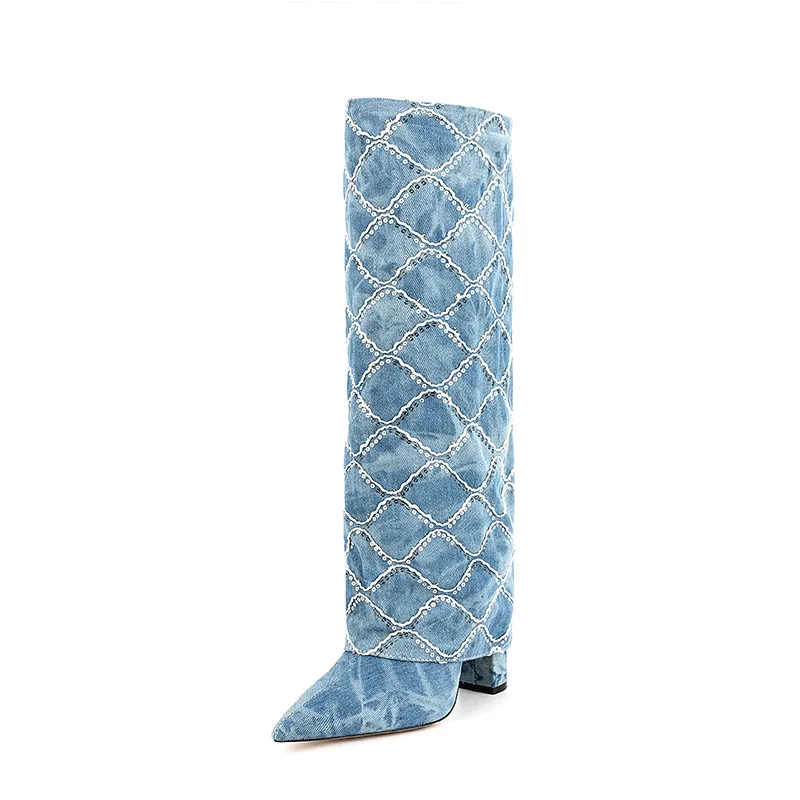 Arden Furtado 2024 Paillette chequer cowboy Knee high boots Pointed toe Super high heel Turned-over Edge Trouser legs boots