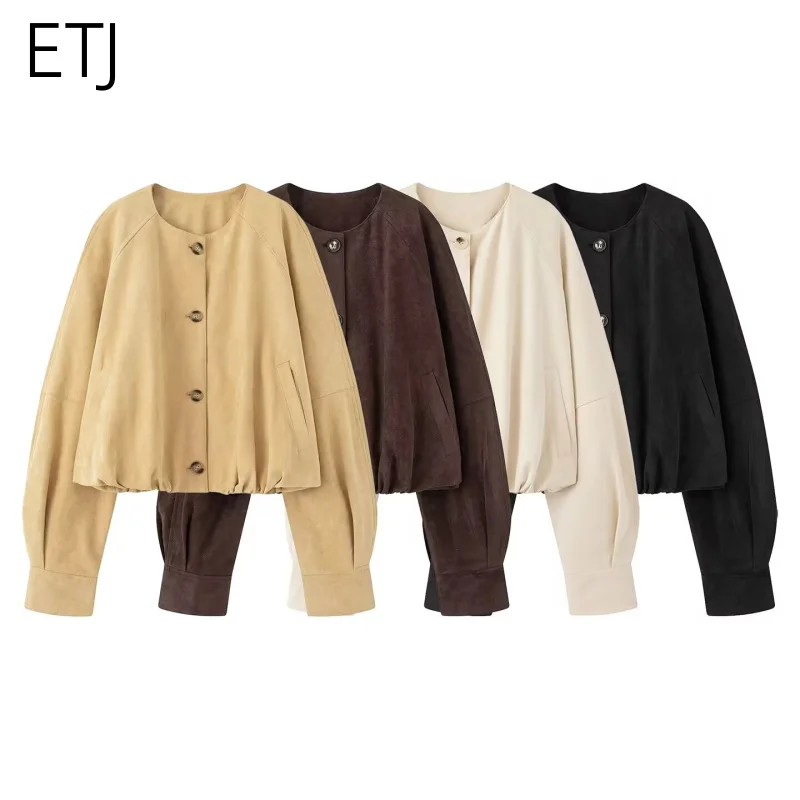 

ETJ 2025 autumn women's new fashion retro suede texture round neck loose casual bomber jacket multi-color selection