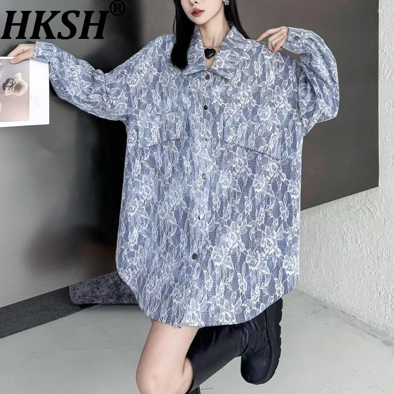 

HKSH Women Chic Shirt Lace Spliced Denim Color Block Long Sleeves Single Breasted Elegant Blouse High-end Top New Spring HK20561