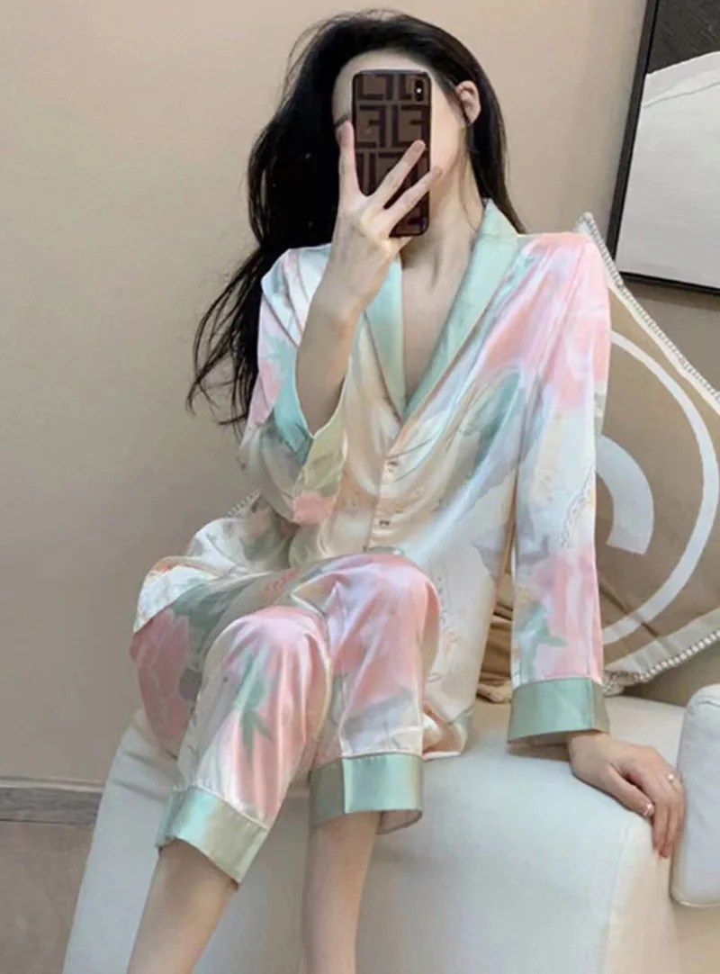 Women\'s Clothes Floral Ice Silk Pajamas Sweet Thin Section Spring Summer V-Neck Homewear Fashion Korean Simple Soft Loungewear