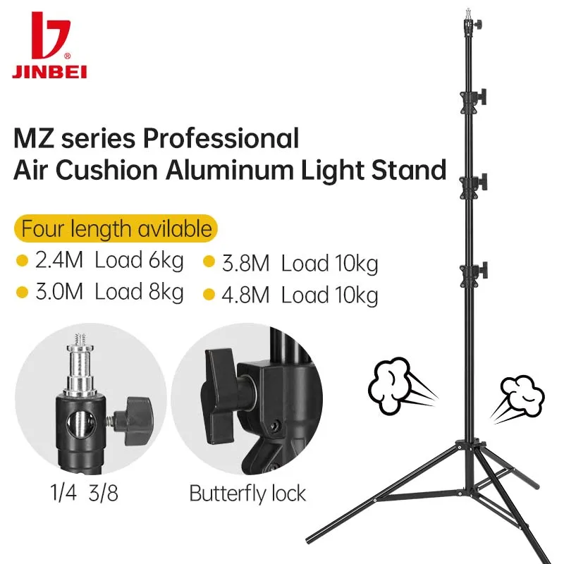 JINBEI 2.4/3/3.8/4.8M Heavy Duty Impact Air Cushioned Video Studio Light Stand 1/4 Screw Head Photography Portable Tripod Stand