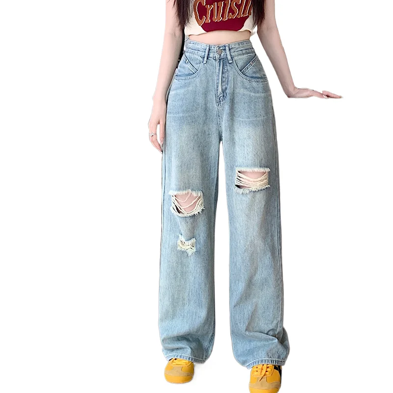 

2025 стираные рваные широкие джинсы с высокой талией, новые модные свободные повседневные джинсы длиной до пола для женщин весной и летом