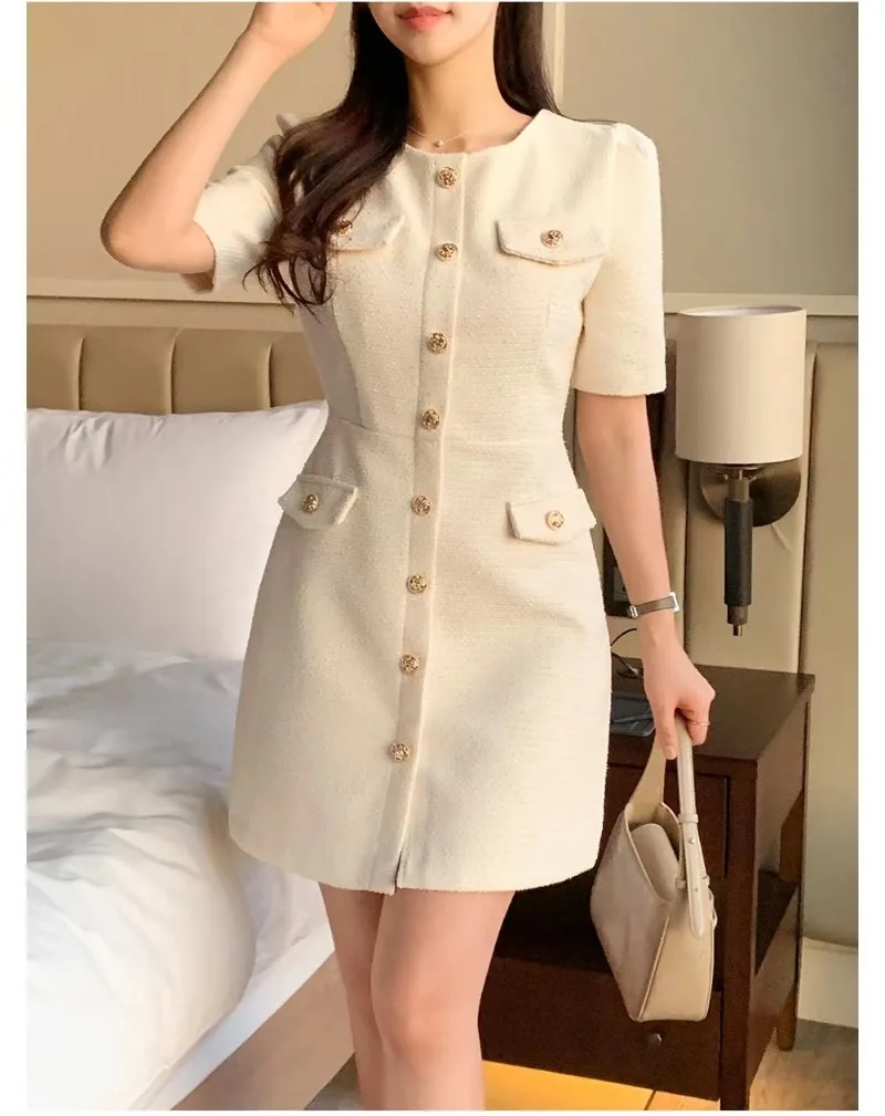 New Korean Fashoin Elegant Tweed Dress Women Summer Small Fragrance Short Sleeve Single Breasted Mini Dresses Vestidos High End