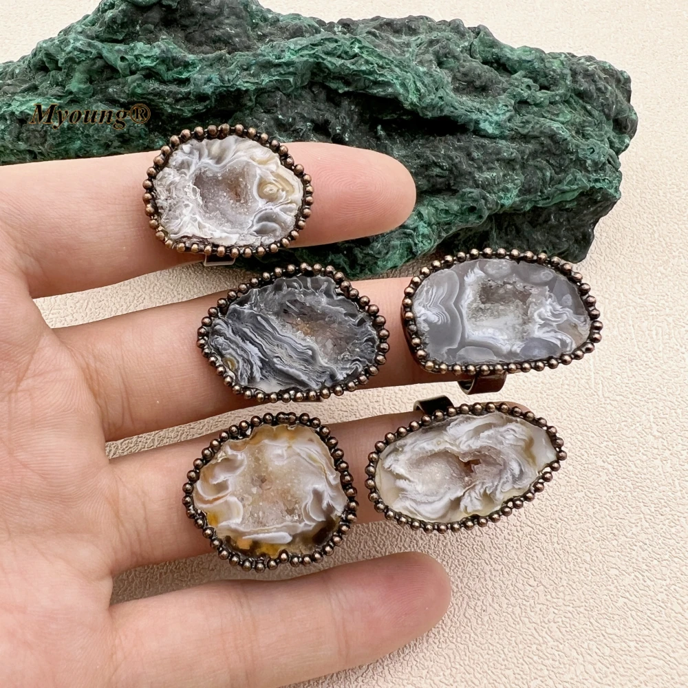 10PCS Bronze Plated Irregular Natural Stone Botswana Lace Agates Geode Vintage Open Rings For Men Women Boho Jewelry MY231106