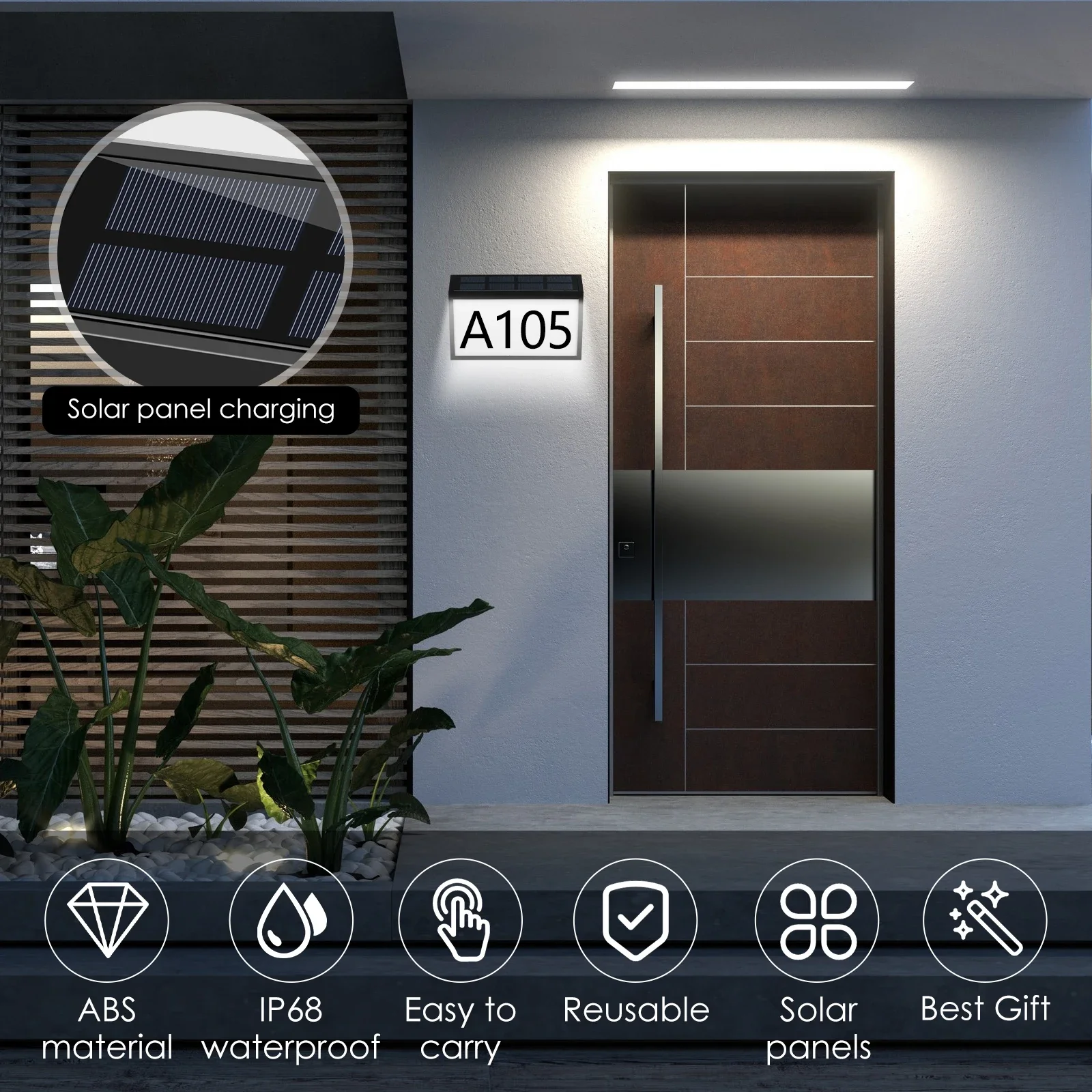 Solar Address Sign Lighted Address Plaque Outdoor Waterproof Illuminated Address Numbers House Numbers for Outside IP65/IP68