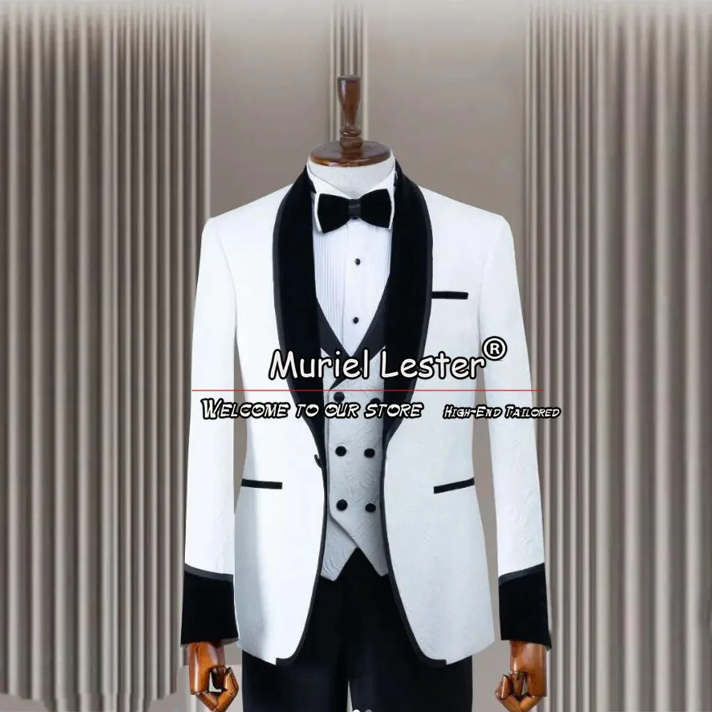 

White Wedding Suits For Men Bespoke Royal Jacket Vest Pants 3 Pieces Groomsmen Tuxedos Male Classic Jacquard Prom Blazers Sets