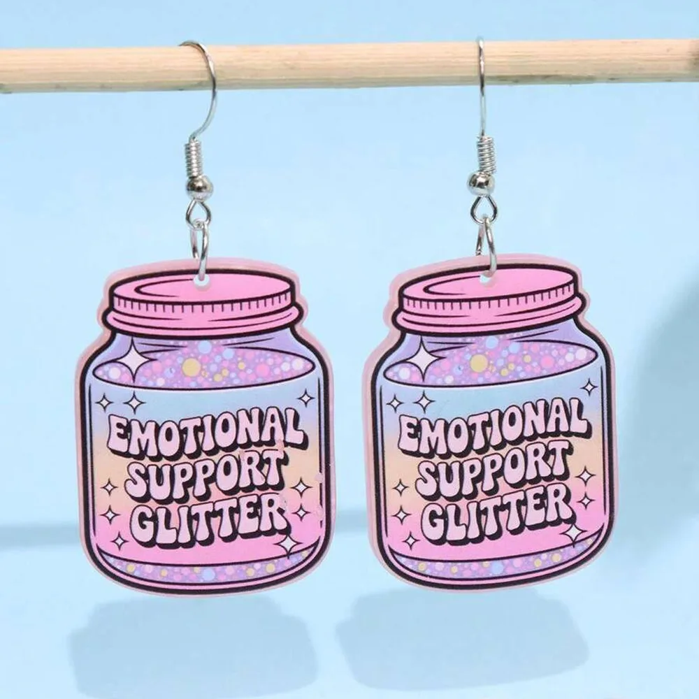 Emotional Support Glitter Jar Acrylic Dangle Earrings 2D Acrylic Funny Cute Pink Bottle Earrings for Women Jewelry Accessories