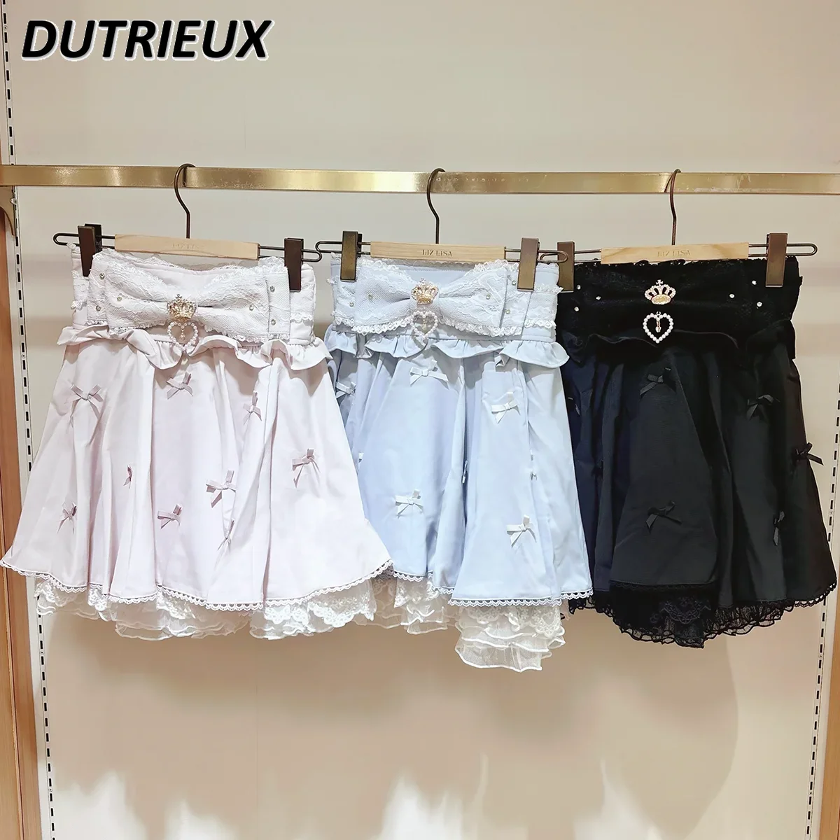 

Japanese New Popular Women's High Waist Skirts Mine Series Mass-produced Soft Girl Sweet Cute Bows Lace Ruffle Edge Short Skirt